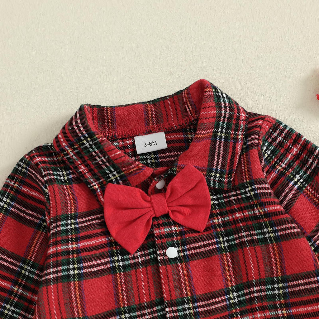 Plaid Gingerbread Boy Set | Conjunto 2 Piezas Bebé — Body Camisa Cuadros Rojo + Overol Pana Mostaza + Galleta de Jengibre