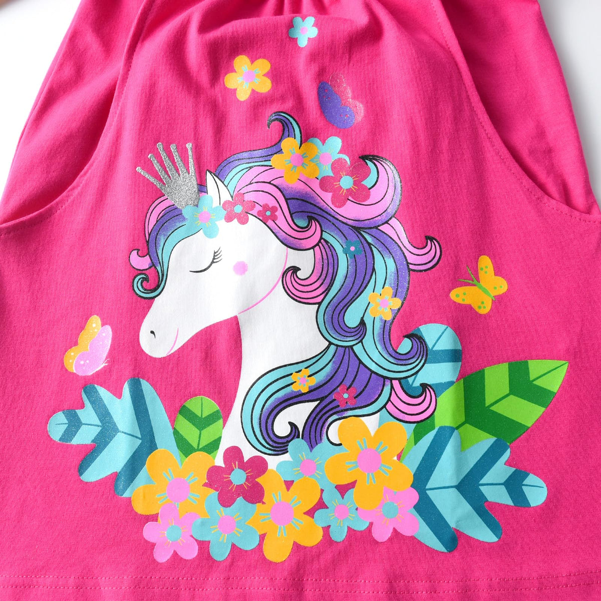 Vestido Niña VIKITA | 100% Algodón + Unicornio Floral Gigante + Mangas Rayas Arcoíris | Fucsia/Rosa Cumpleaños (3-8 Años)