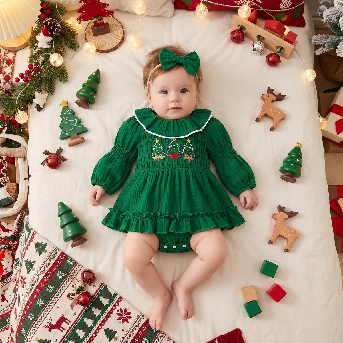 Christmas Tree Smocked Romper | Mameluco Vestido Verde Bebé Niña — Cuello Muñeca + Mangas Abombadas + Árboles Bordados + Diadema