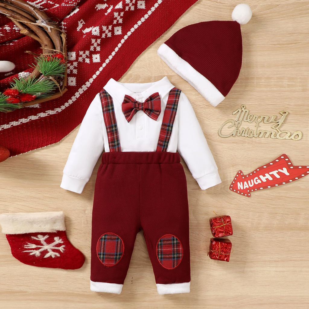 Little Gentleman | Conjunto Navideño Bebé Niño Mameluco Blanco + Pantalon Tirantes Cuadros + Gorro