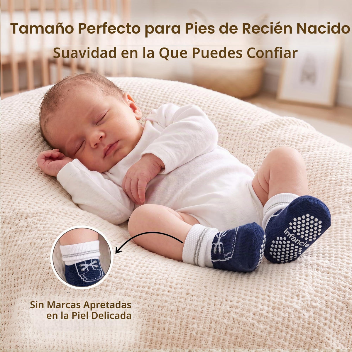 infancie | Calcetines Bebé Niño Pack 6 Algodón Orgánico GOTS Antideslizante Estampados Azul Gris 0-6 Meses