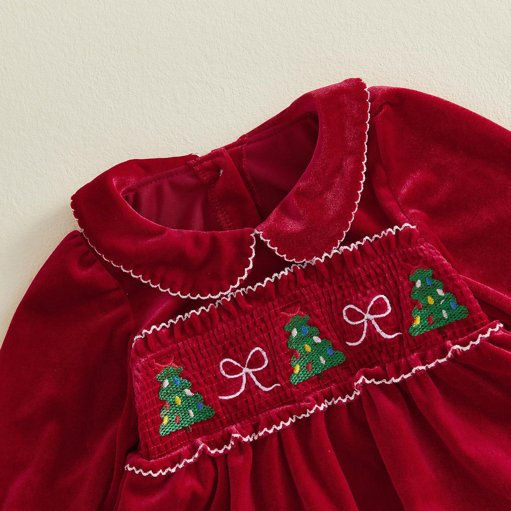 Christmas Velvet Baby | Mameluco Vestido Terciopelo Rojo Bebé Niña + Cuello Peter Pan + Bordado Arbolitos