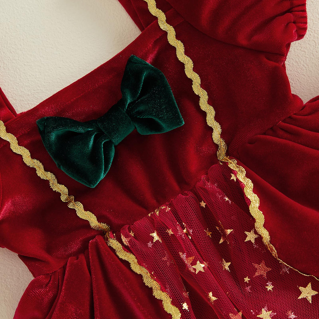 Mameluco Navideño de Terciopelo con Lazo y Tul Estrellas Bebé Niña