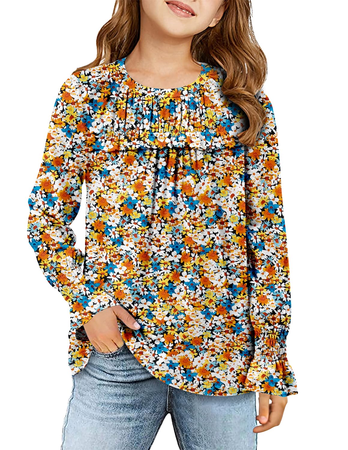 Blusa Nina Manga Larga | 89% Poliester 11% Elastano | Solapa de Volantes en el Pecho | Cuello Redondo | Puno Fruncido | Corte Fluido Loose Fit | Naranja (4 - 13T)