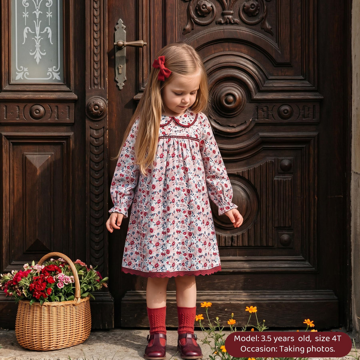 Vestido de Manga Larga 100% Algodón con Cuello con Volantes y Estampado Floral en Tonos Rojos y Vino para Niña (B-berry Vino) (18M - 3T)