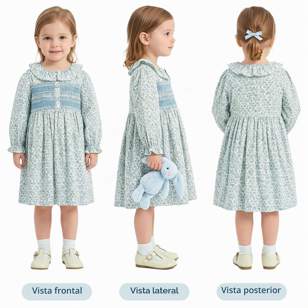 Vestido de Manga Larga 100% Algodón con Cuello con Volantes y Estampado Floral para Niña (12M - 8T)