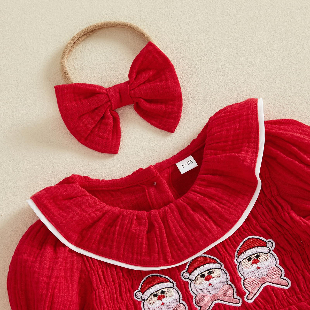Santa Smocked Romper Rojo | Mameluco Vestido Rojo Bebé Niña — Cuello Muñeca + Mangas Abombadas + Papa Noel Bordado + Diadema