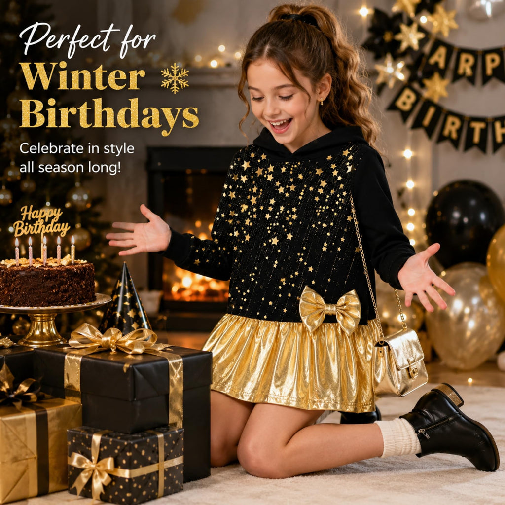 Vestido Nina con Capucha Manga Larga | 95% Algodon 5% Poliester | Cuerpo Negro Estrellas Doradas + Lluvia de Brillantes | Falda Metalica Dorada con Vuelo | Lazo Dorado en Cadera | Forro Capucha Dorado | Negro + Dorado (3 - 12T)