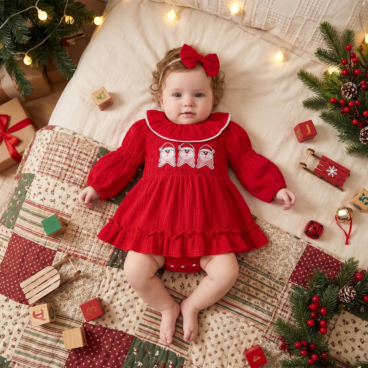 Santa Smocked Romper Rojo | Mameluco Vestido Rojo Bebé Niña — Cuello Muñeca + Mangas Abombadas + Papa Noel Bordado + Diadema