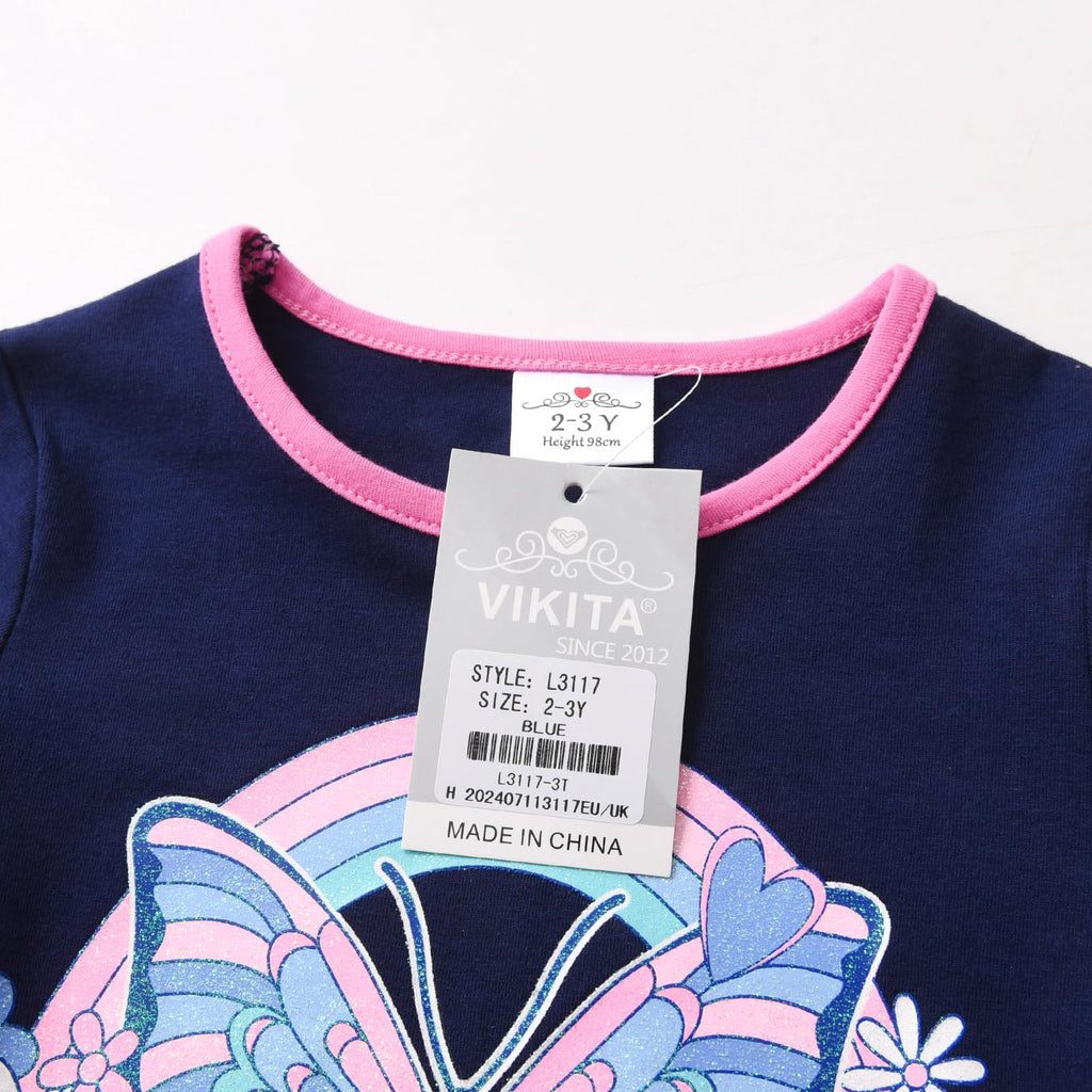 Top de Manga Larga con Mariposa y Arcoíris para Niñas – Azul Marino a Rayas Rosa y Azul, Algodón (2-12 Años)