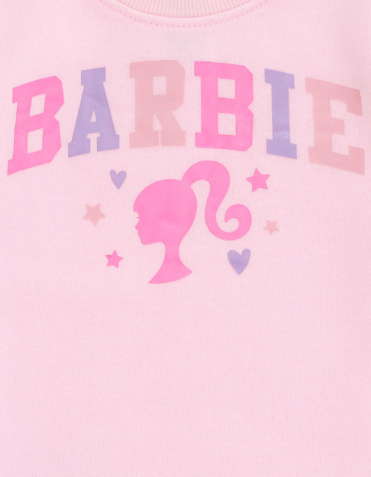 Barbie | Sudadera Nina Manga Larga | Cuerpo Algodon + Mangas Piel Sintetica Felpa Canales | Logo Universitario BARBIE Bicolor Rosa+Lila | Silueta Ponytail + Corazones + Estrellas | Cuello Redondo | Rosa Pastel (2,3,4,5, y 14-16T)