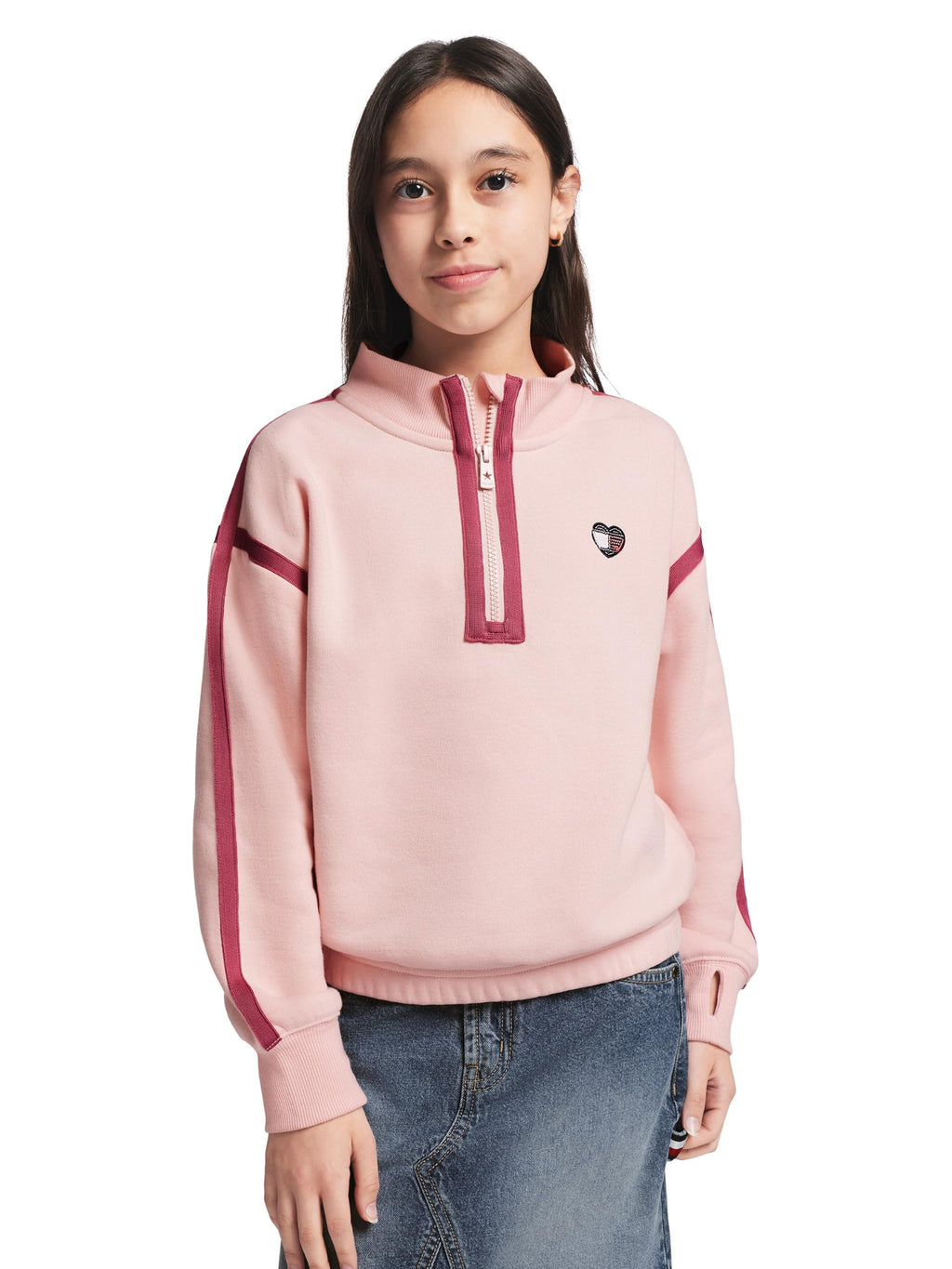 Quarter-Zip Fleece Tommy Hilfiger | Rosa Palo + Rayas Mauve + Parche Corazón Lentejuelas + Puños Acanalados | Niña (7T - 14T)