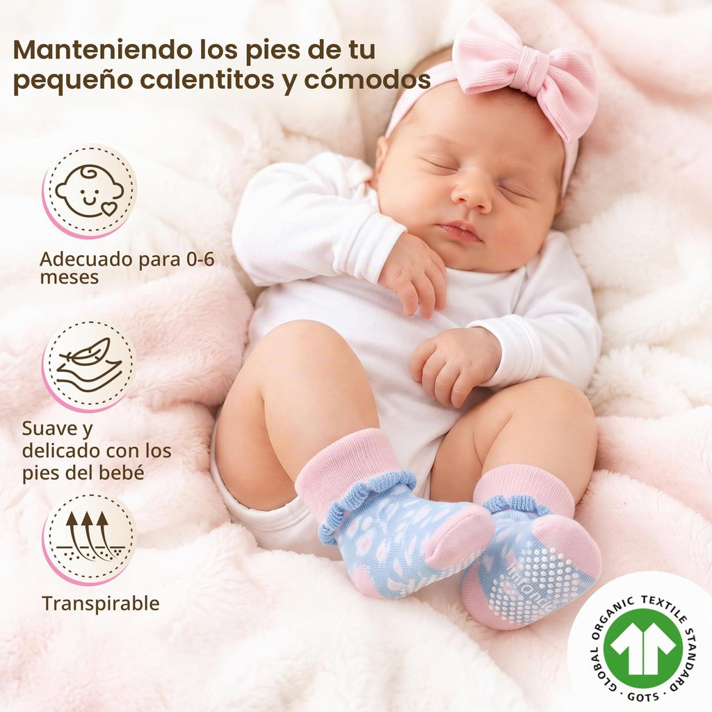 infancie | Calcetines Bebé Niña Pack 12 Algodón Orgánico GOTS Antideslizante Estampados Rosa 0-12 Meses