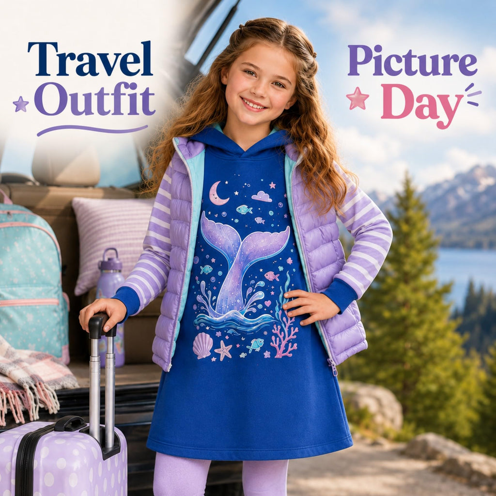 Vestido Hoodie de Sirena para Niñas – Manga Larga Azul con Rayas Lila, Algodón (3 - 12T)