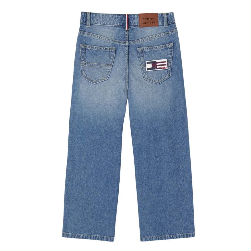 Jean Wide Leg Tiro Medio Tommy Hilfiger | Lavado Dekalb + Bandera Lentejuelas + Parche Cuero TH | Niña (7T - 16T)
