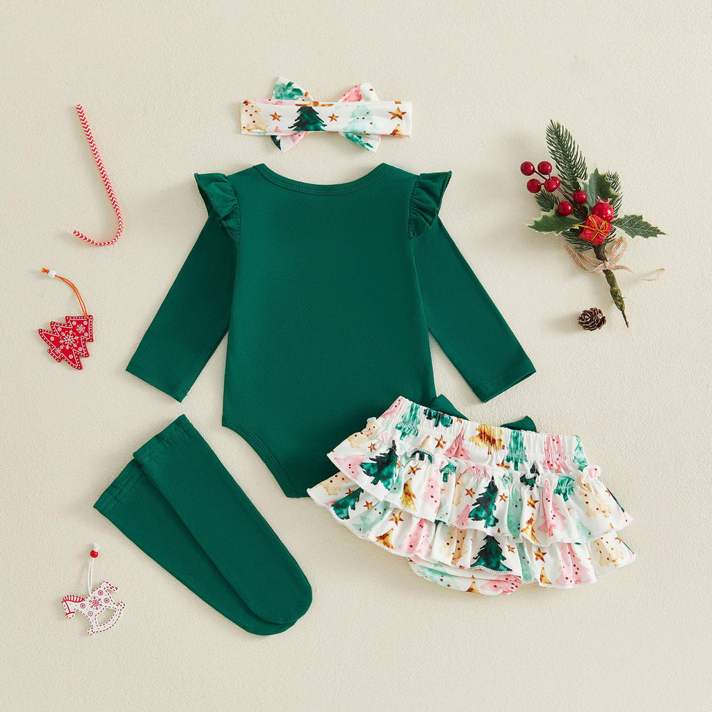 My First Christmas Arbolitos | Conjunto Navideño Verde Bebé Niña Falda Floral + Medias + Diadema