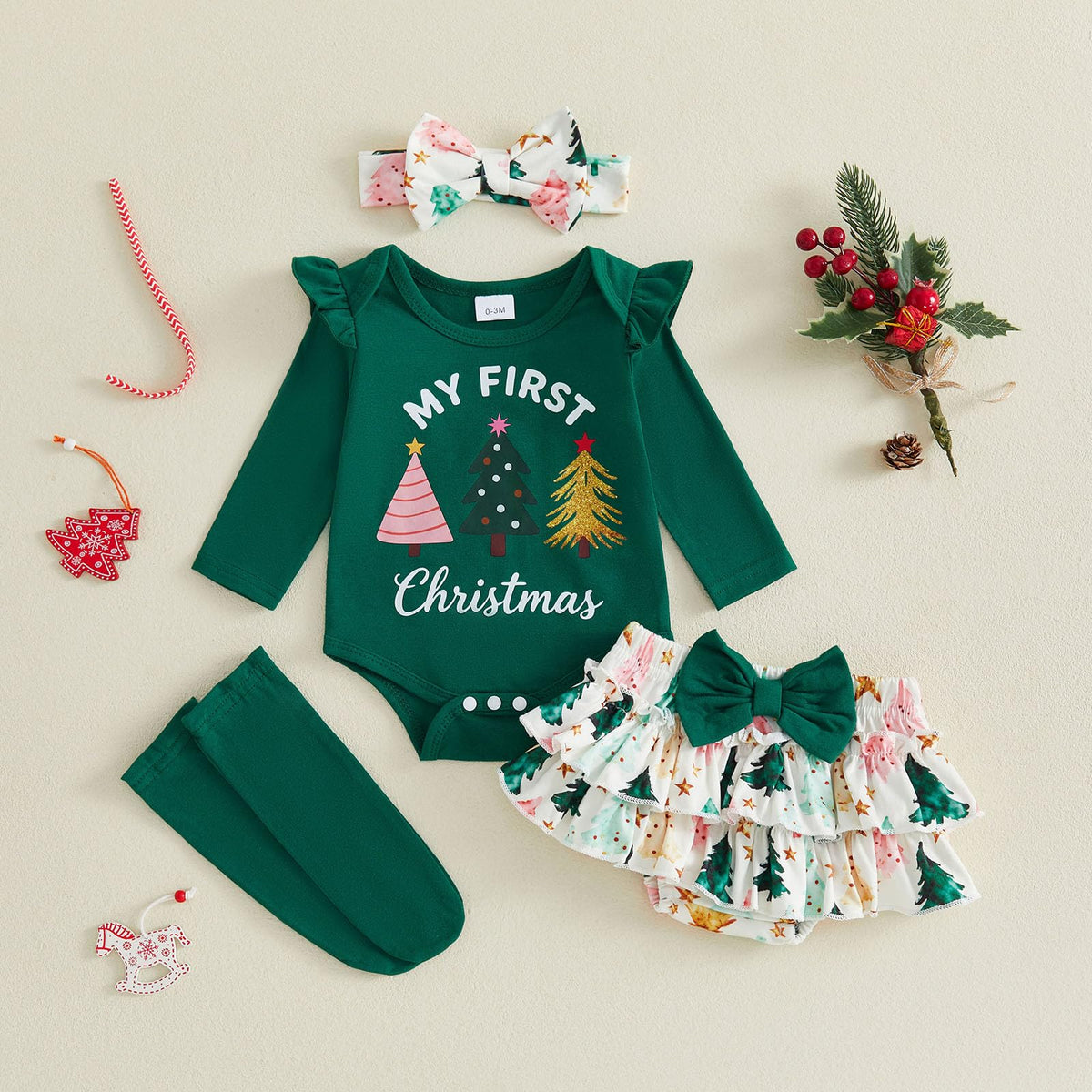My First Christmas Arbolitos | Conjunto Navideño Verde Bebé Niña Falda Floral + Medias + Diadema