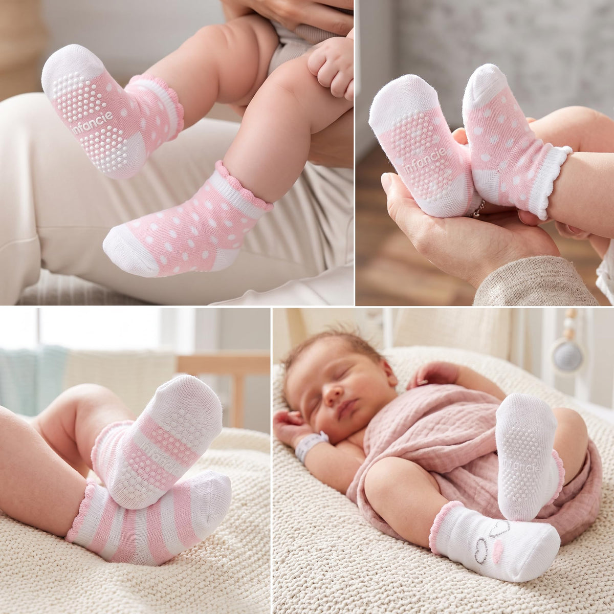 infancie | Calcetines Bebé Niña Pack 6 Algodón Orgánico GOTS Antideslizante Estampados Rosa 0-6 Meses