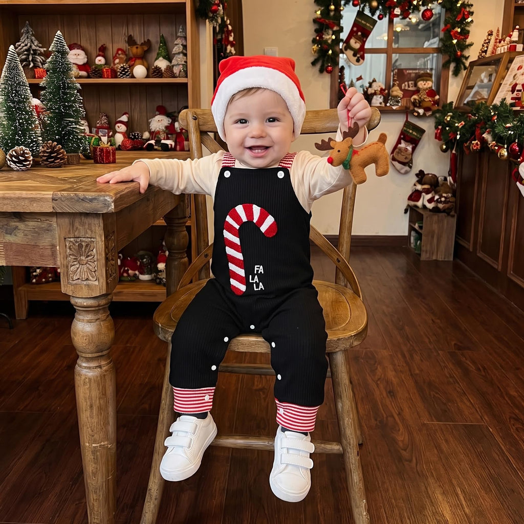 Fa La La Newborn Set | Conjunto 3 Piezas Bebé — Body Crema + Overol Negro + Bastón de Caramelo + Gorro Papa Noel