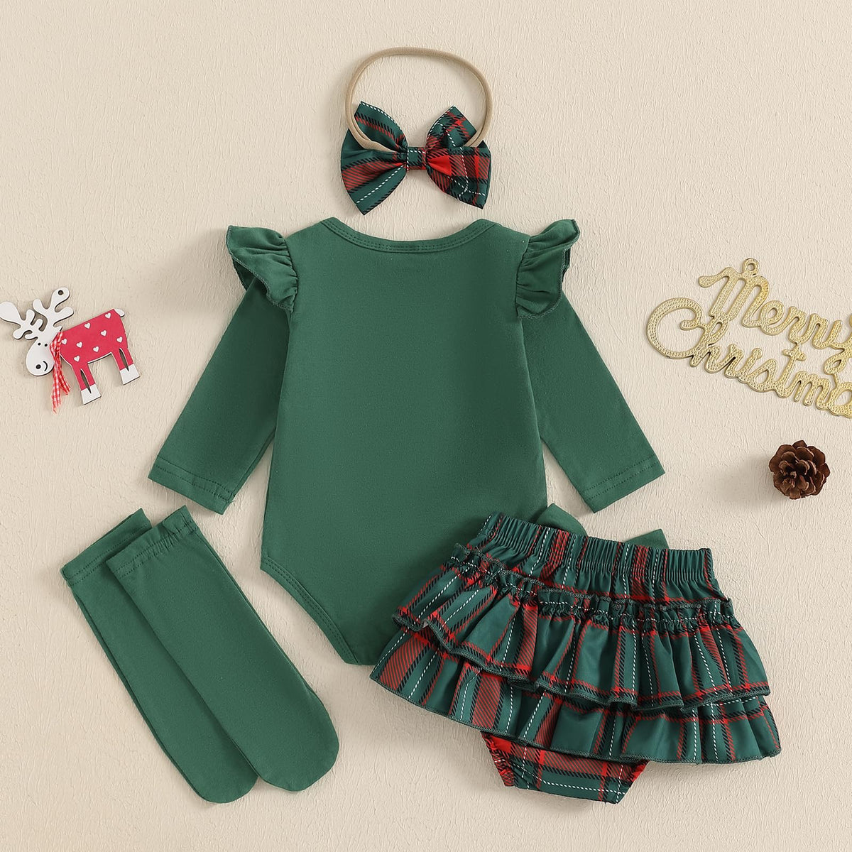 Santa Baby | Conjunto Navideño Verde Oscuro Bebé Niña Falda Cuadros + Medias + Diadema