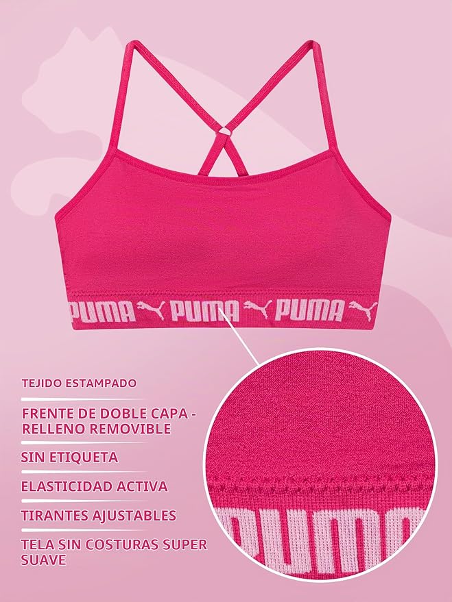 PUMA | Bralette Nina Pack 2 | 94% Nailon 6% Licra | Sin Costuras | Correas Espagueti Ajustables | Galletas Removibles | Cherry Blossom Tinte Espacial + Magenta (Solo 6 - 7T)