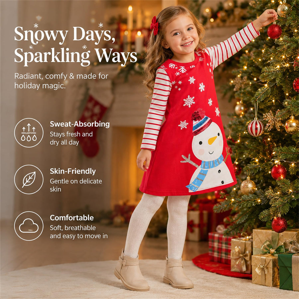 Vestido Navideño de Muñeco de Nieve para Niñas – Manga Larga a Rayas con Lentejuelas, Algodón (3 - 12T)