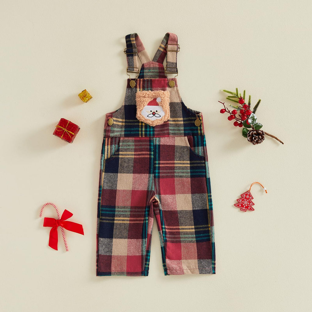 Santa Plaid Overol Navideño Niño | Peto Cuadros Rojo/Navy + Papa Noel Bordado + Tirantes Ajustables — Bebé y Niño