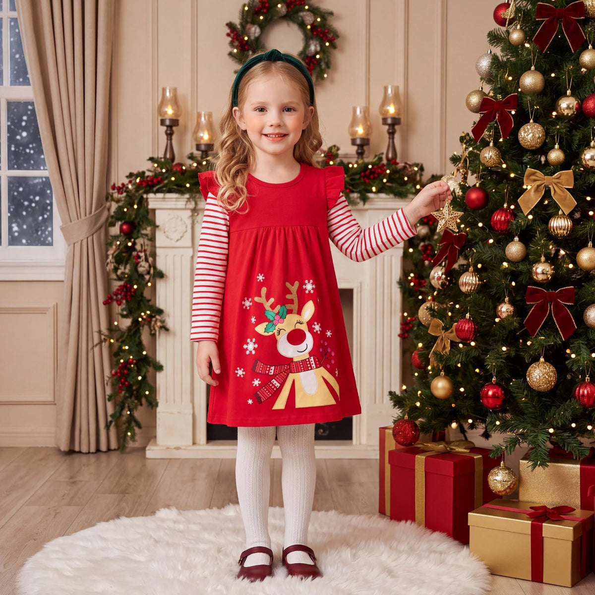 Vestido Niña | Algodón + Reno Rudolph Nariz Roja + Cuernos Dorados + Copos Nieve | Rojo/Blanco Navidad Flutter (3T - 8T)