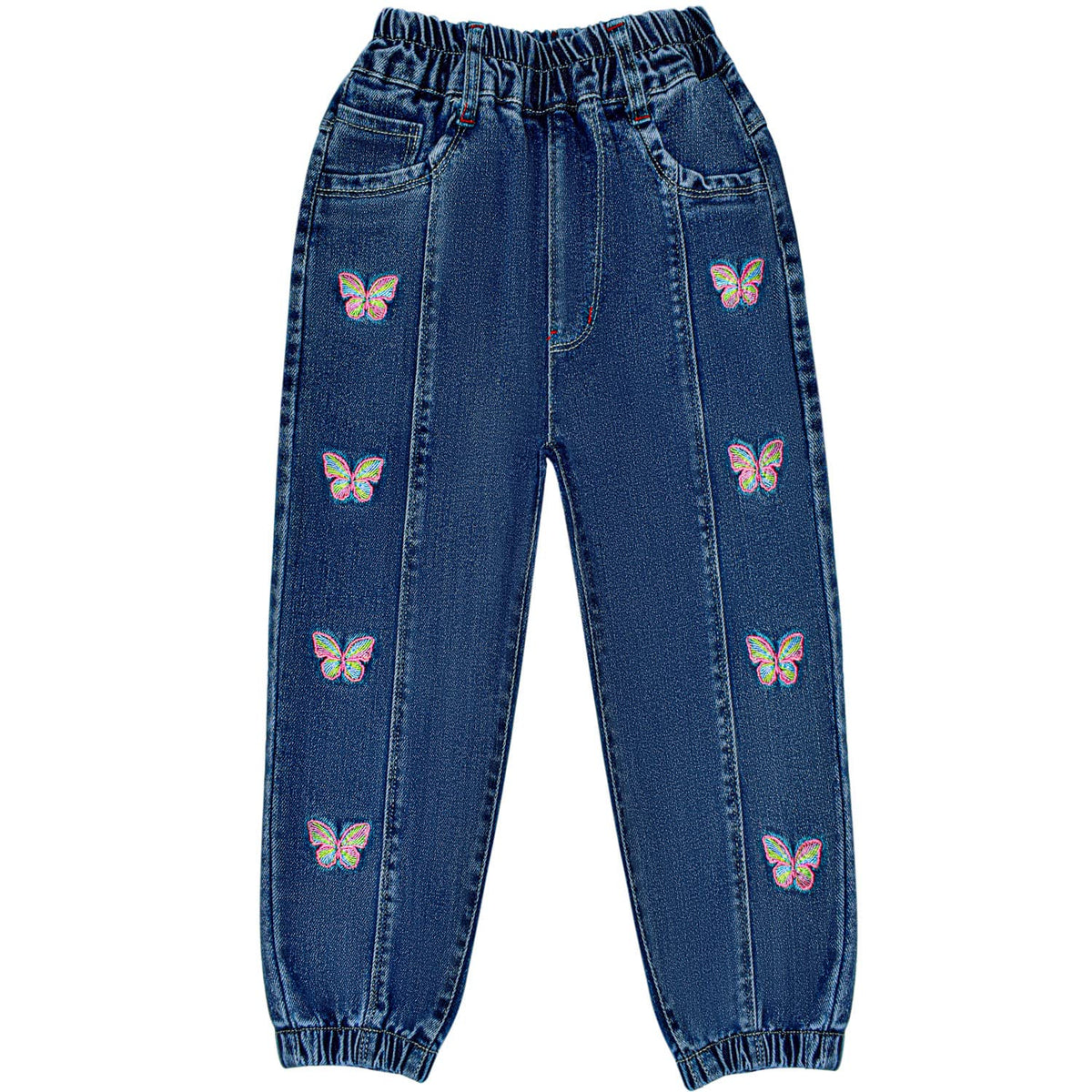 Conjunto 2 Piezas para Niña: Suéter Rojo Mariposa de Lentejuelas Plateadas y Jeans Jogger con Mariposas Bordadas