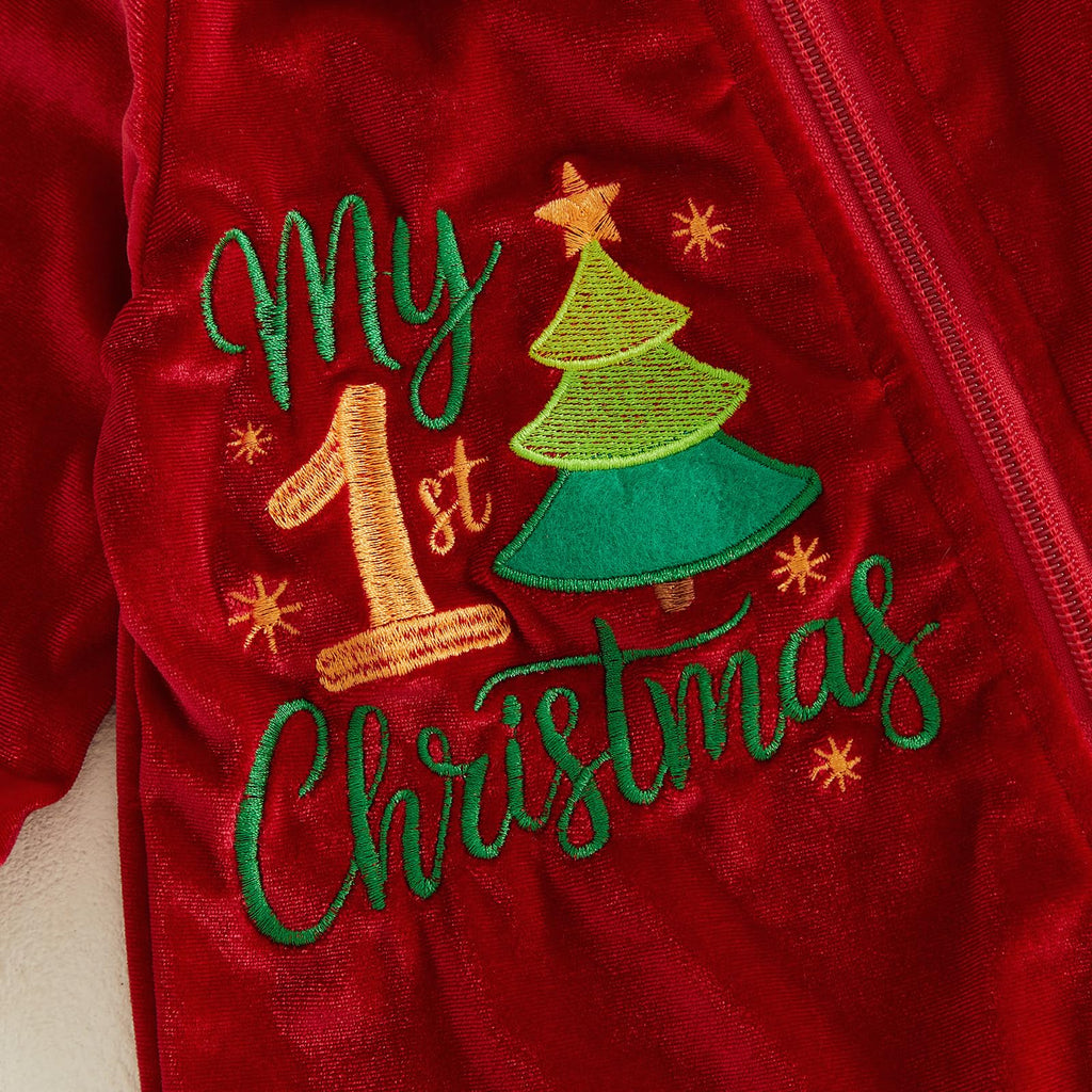 My 1st Christmas Velvet Romper | Mameluco Terciopelo Rojo Bebé — Cremallera + Bordado + Gorro Papa Noel + Manoplas