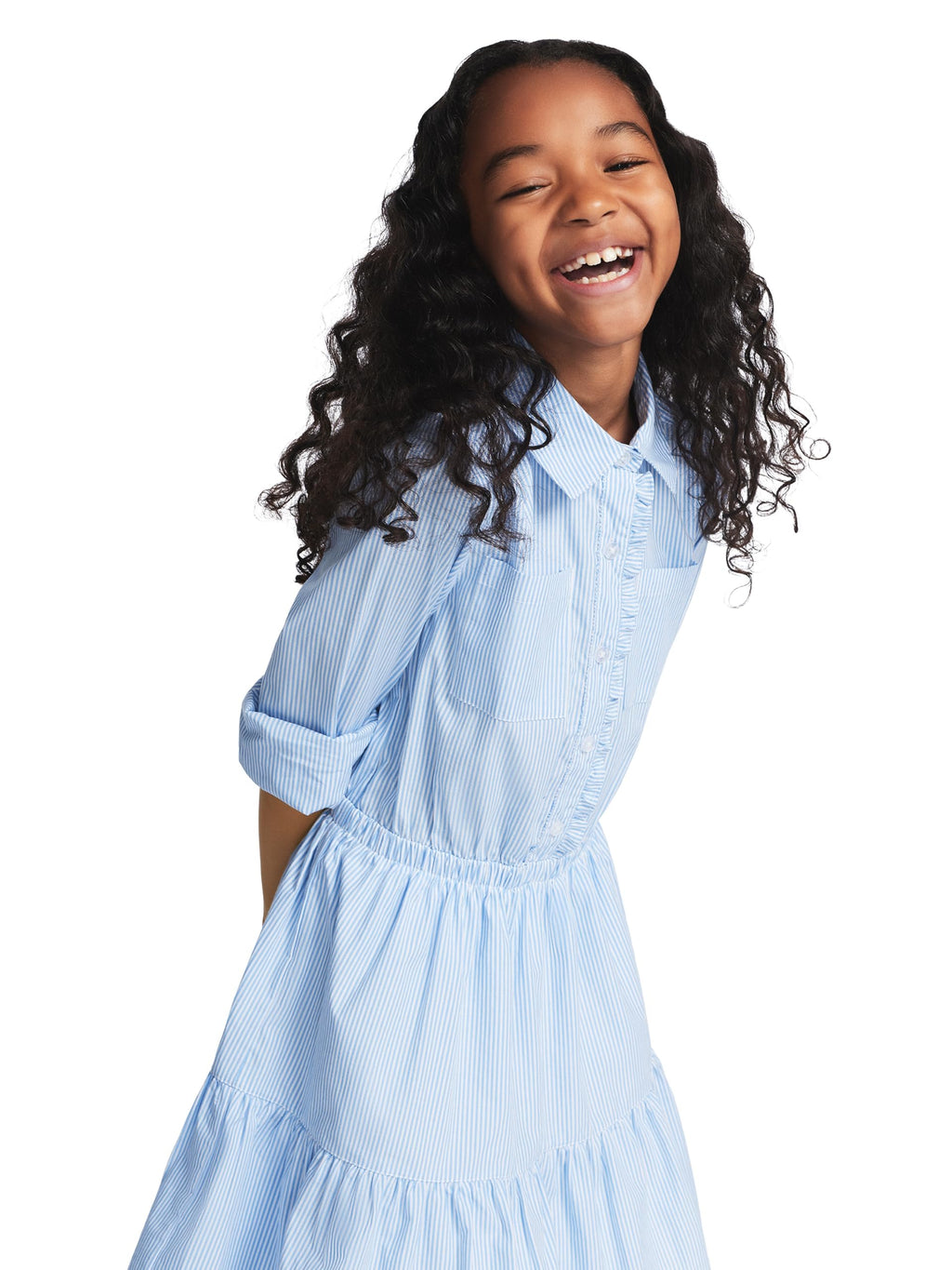 Tommy Hilfiger Vestido Camisero Niña | Rayas Ithaca Azul/Blanco • Manga Larga • Cintura Fruncida • Falda Volantes