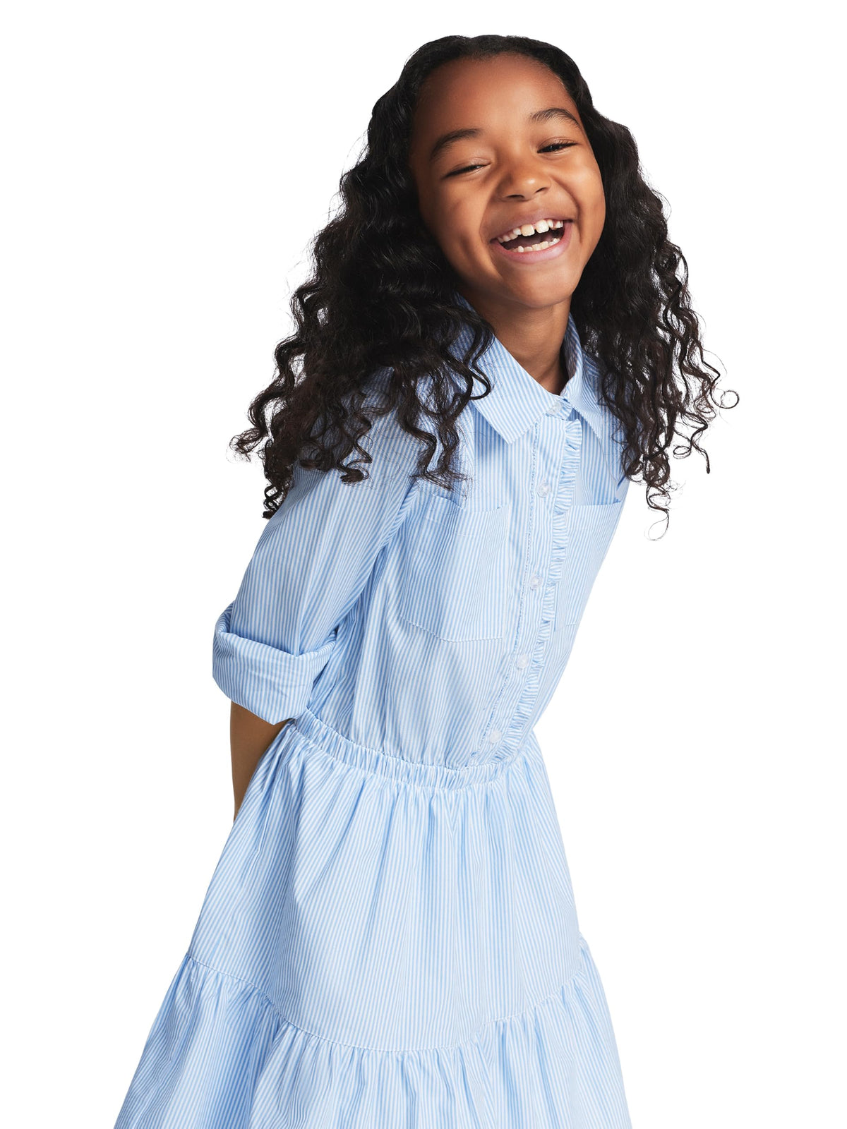 Tommy Hilfiger Vestido Camisero Niña | Rayas Ithaca Azul/Blanco • Manga Larga • Cintura Fruncida • Falda Volantes