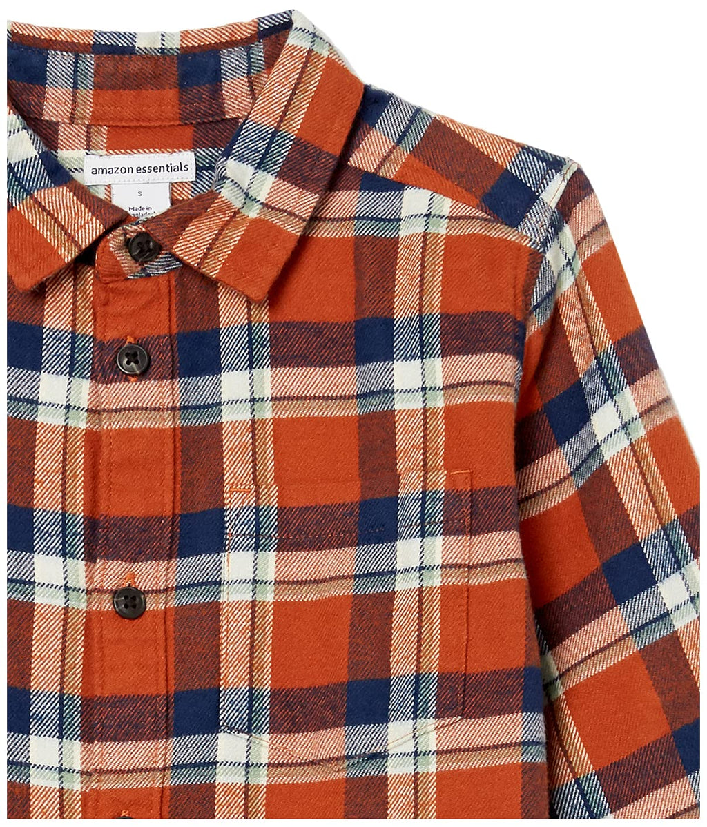 Amazon Essentials Camisa Franela Niño | Cuadros Terracota/Navy/Crema • Manga Larga • 100% Algodón