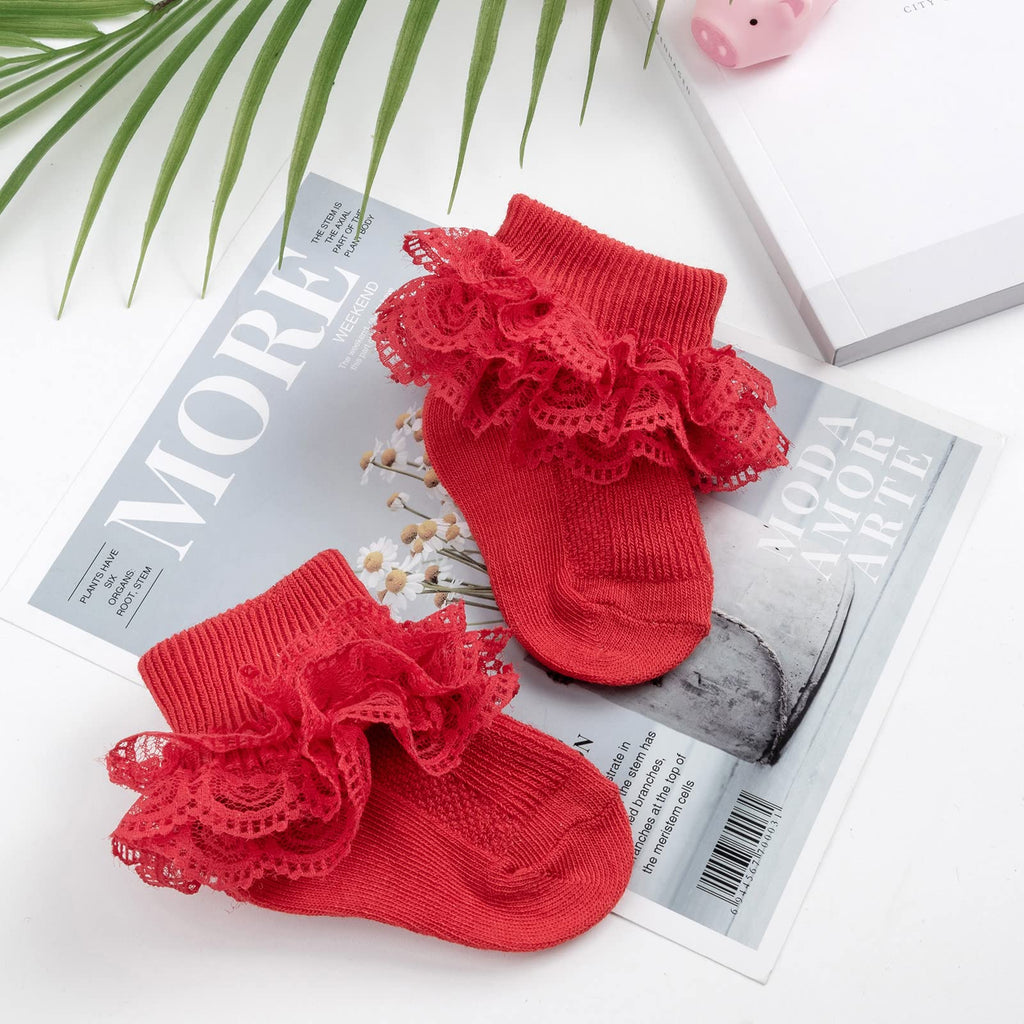 Calcetines Bebé Niña Pack 4 Algodón Canalé Encaje Volante Tul Negro Rojo Rosa Blanco Ocasión