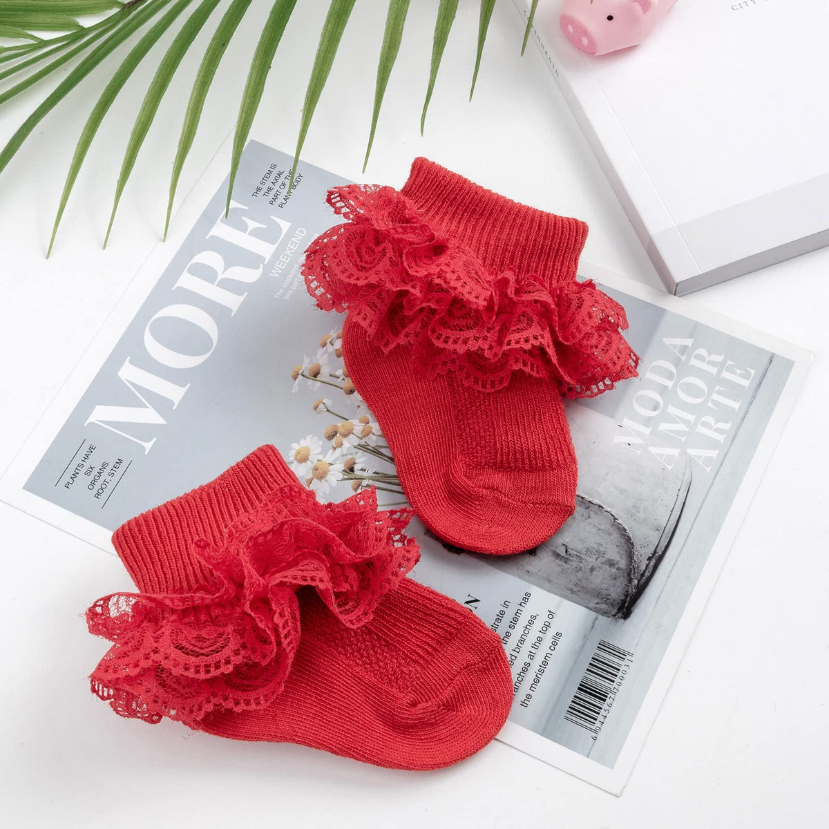 Calcetines Bebé Niña Pack 4 Algodón Canalé Encaje Volante Tul Negro Rojo Rosa Blanco Ocasión