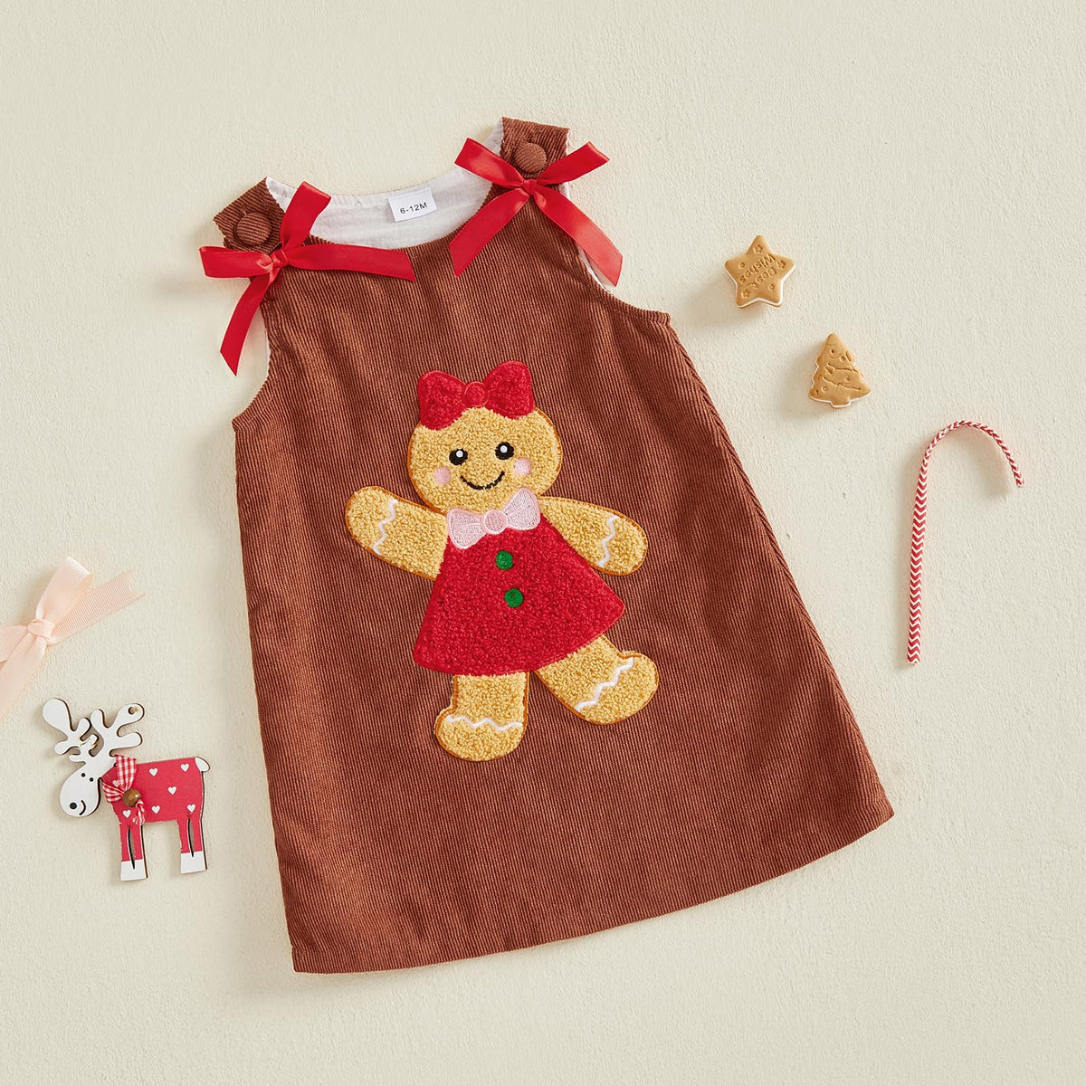 Gingerbread Girl Cafe | Vestido Pana Cafe Nina Sin Mangas + Cuello Redondo + Aplicacion Galleta Jengibre + Lazos
