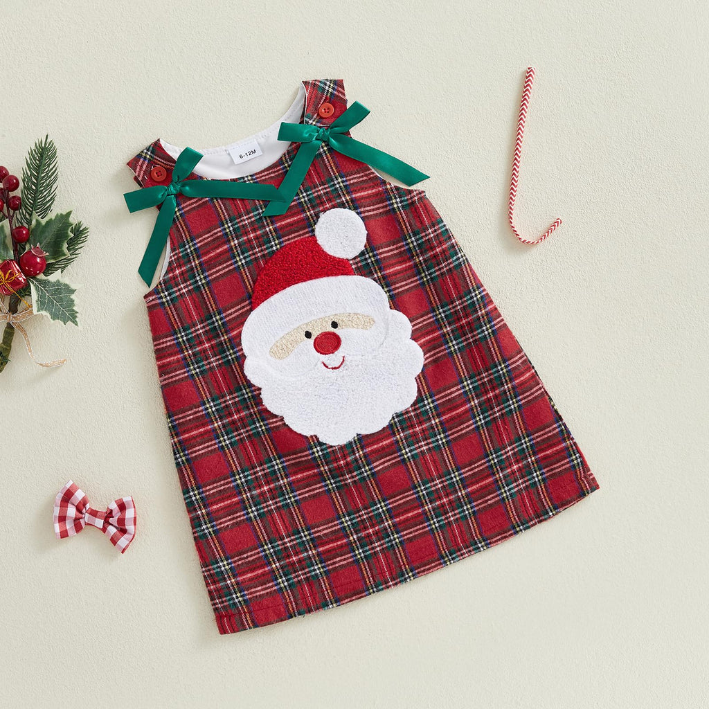 Santa Plaid Girl | Vestido Tartán Rojo Niña Sin Mangas + Cuello Redondo + Aplicación Papa Noel 3D + Lazos Verdes