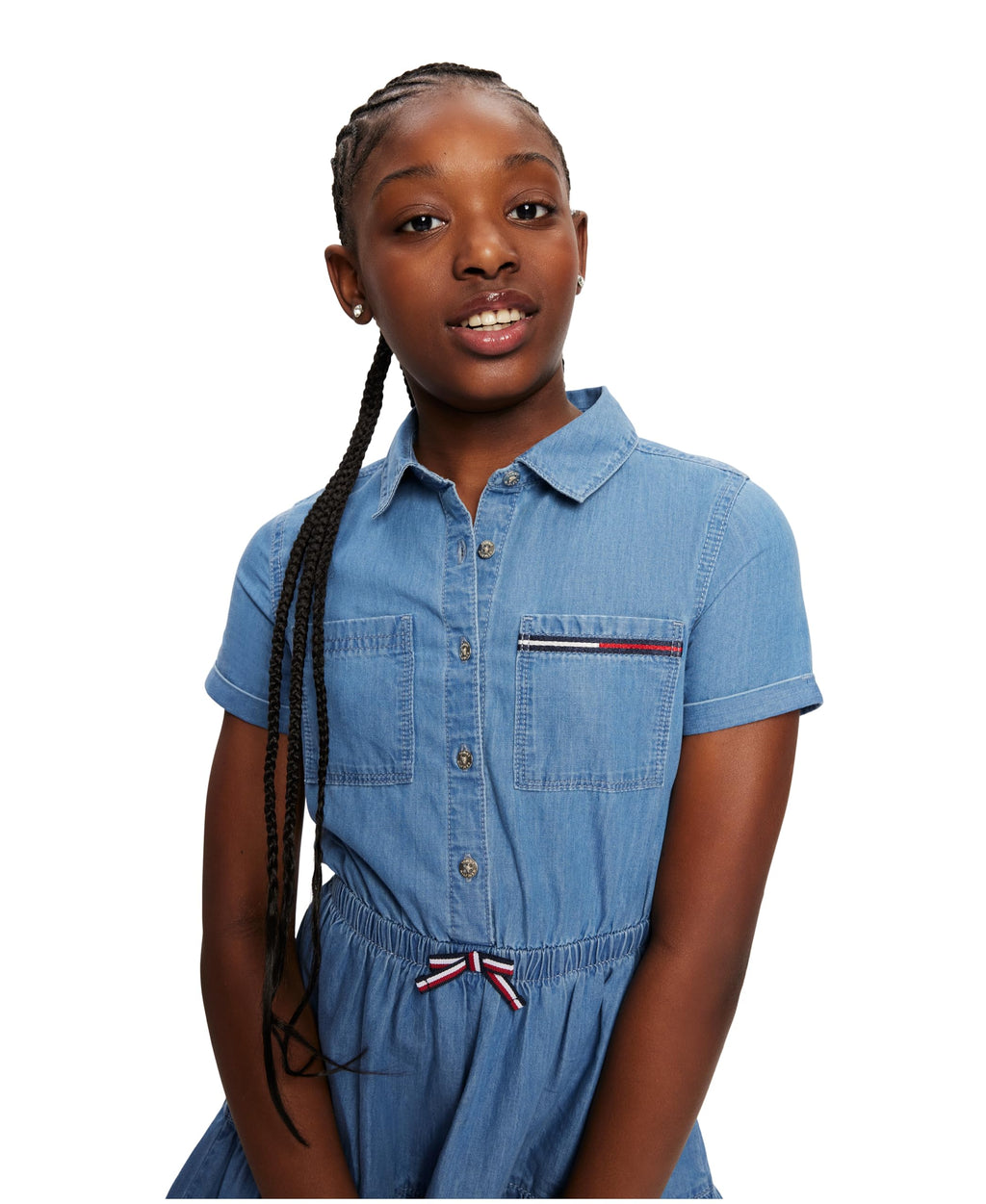 Tommy Hilfiger Vestido Camisero Chambray Niña | Azul Lavado Highline • Cordón Tricolor • Falda con Volantes