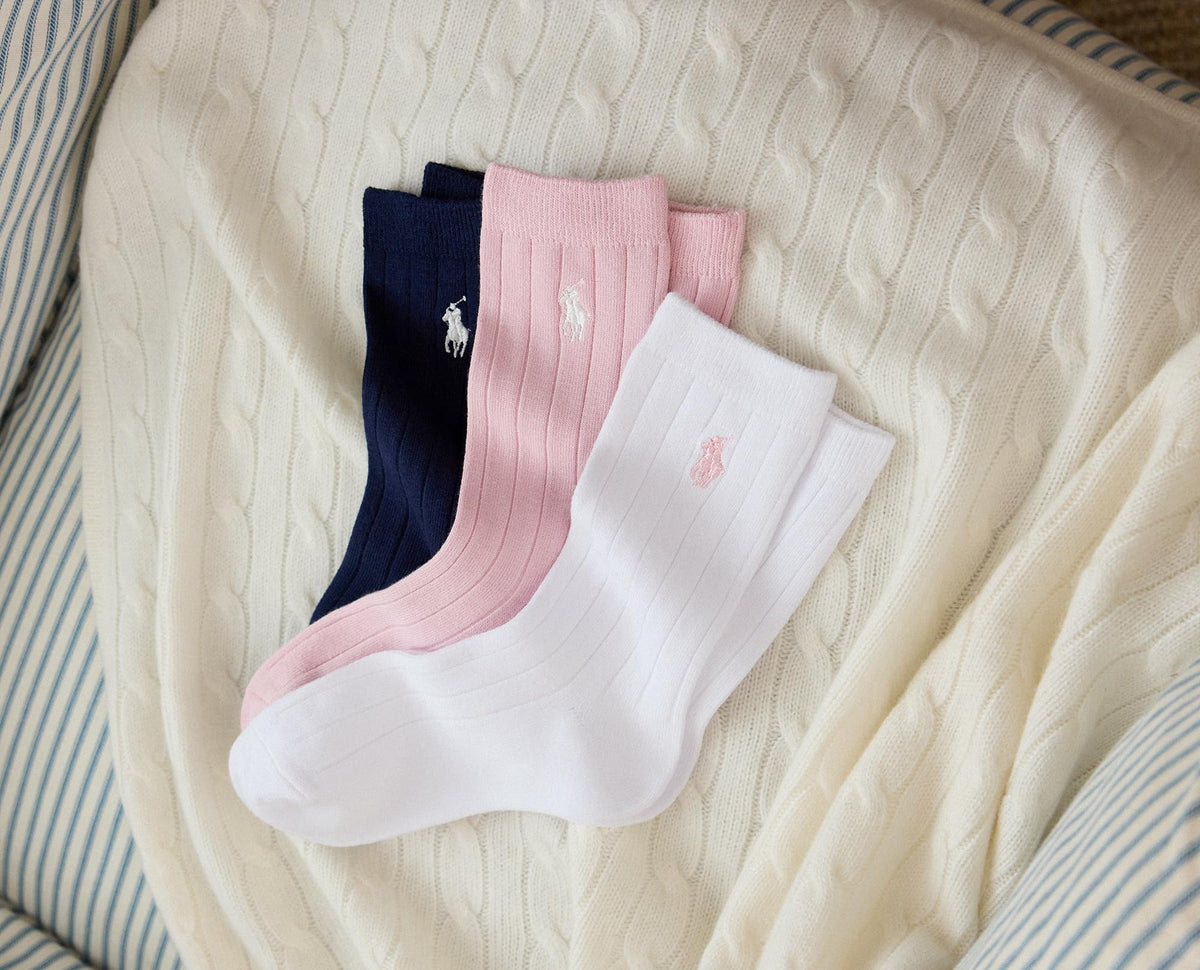 Polo Ralph Lauren | Calcetines Niña Pack 3 Pares Crew Acanalado Algodón Sostenible Poni Bordado Rosa Blanco Negro (Talla 4T - 20T))