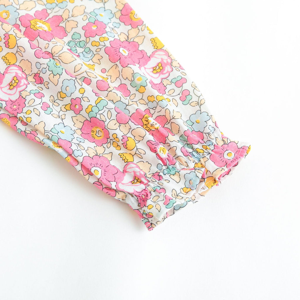 Vestido de Manga Larga 100% Algodón con Cuello con Volantes y Estampado Floral Rosa Brillante para Niña (K-rosado) (12M - 3T)