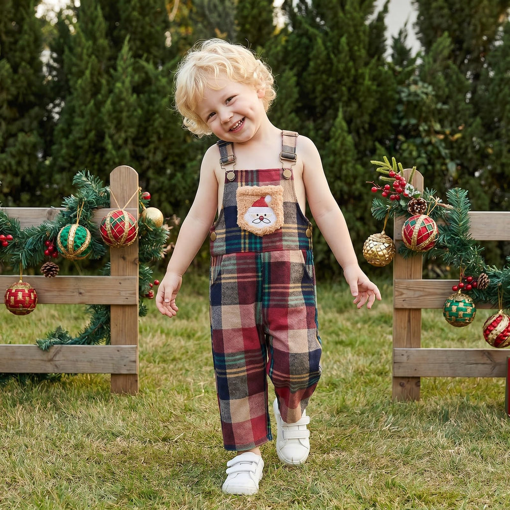 Santa Plaid Overol Navideño Niño | Peto Cuadros Rojo/Navy + Papa Noel Bordado + Tirantes Ajustables — Bebé y Niño