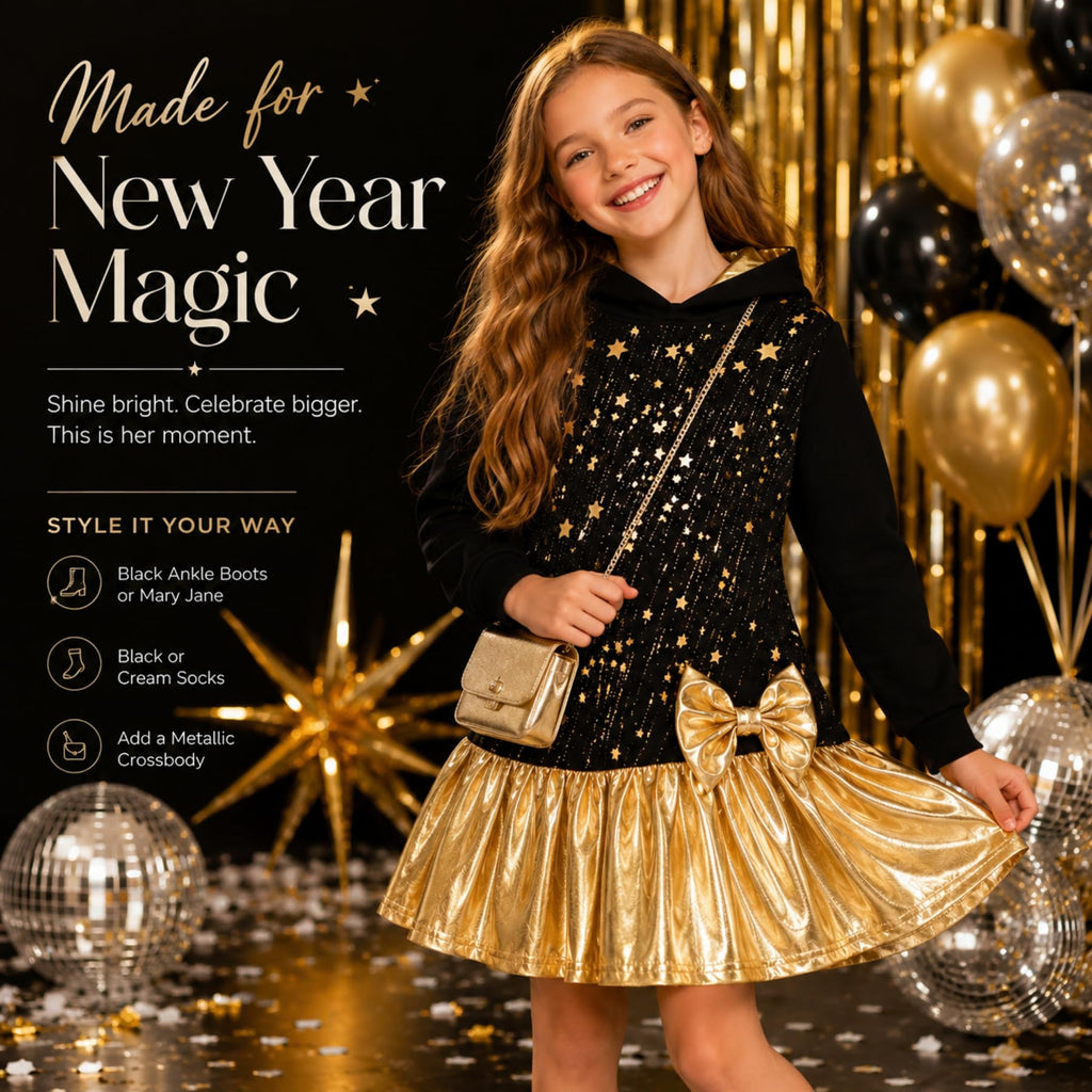 Vestido Nina con Capucha Manga Larga | 95% Algodon 5% Poliester | Cuerpo Negro Estrellas Doradas + Lluvia de Brillantes | Falda Metalica Dorada con Vuelo | Lazo Dorado en Cadera | Forro Capucha Dorado | Negro + Dorado (3 - 12T)