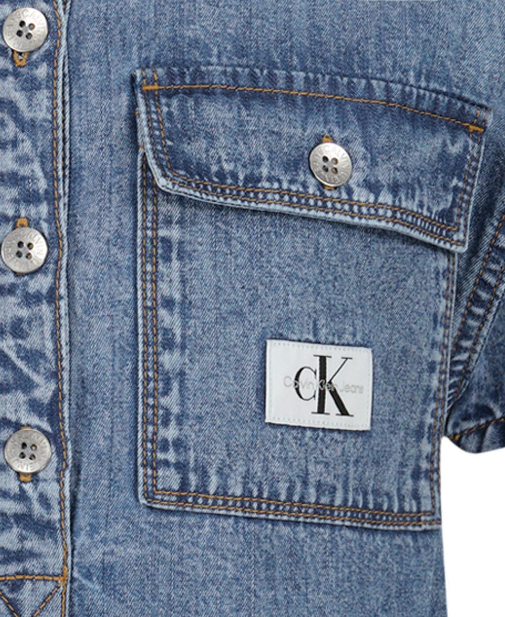 Calvin Klein Jeans Vestido Denim Niña | Azul Dante Wash • Manga Corta • Parche Logo CKJ • Silueta Acampanada