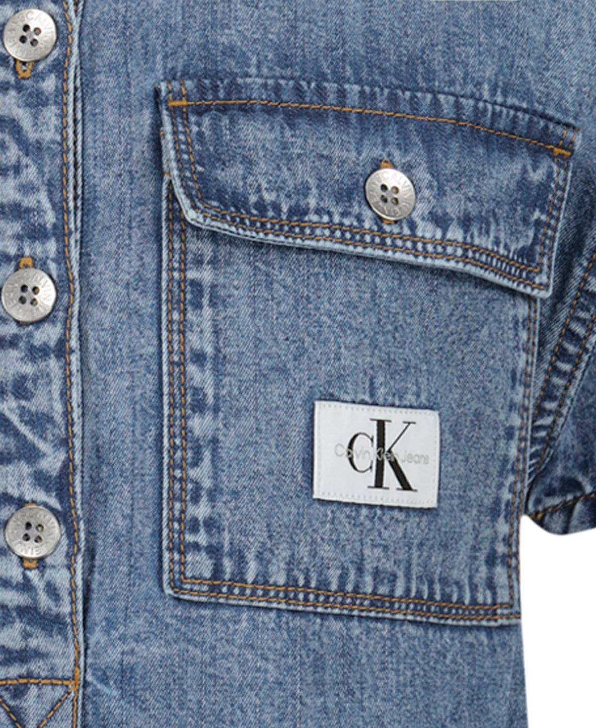 Calvin Klein Jeans Vestido Denim Niña | Azul Dante Wash • Manga Corta • Parche Logo CKJ • Silueta Acampanada
