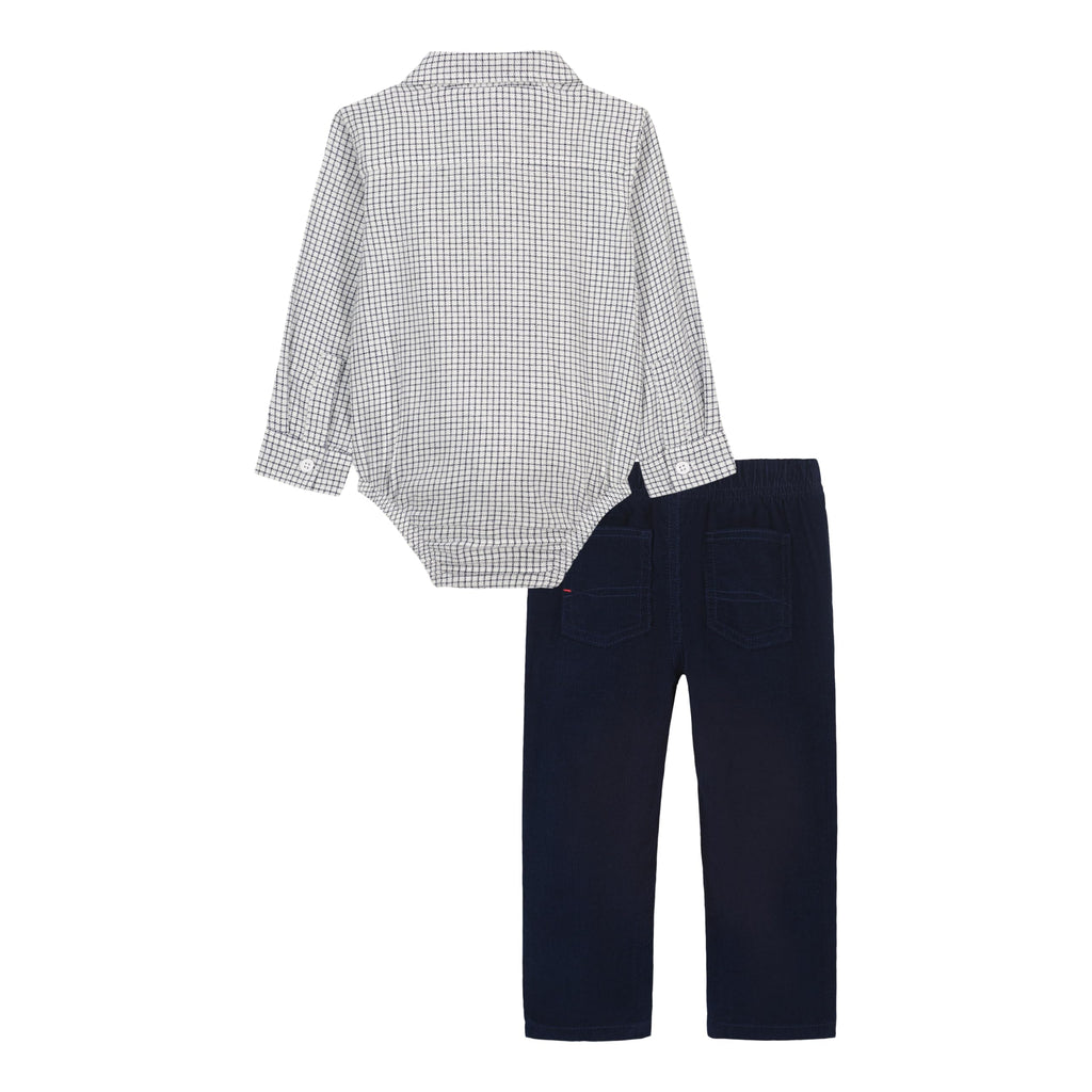 Conjunto 2 Piezas Tommy Hilfiger | Bodysuit Micro-Check Navy Blanco + Pana Prelavada Navy | Bebé Niño (0M - 12M)