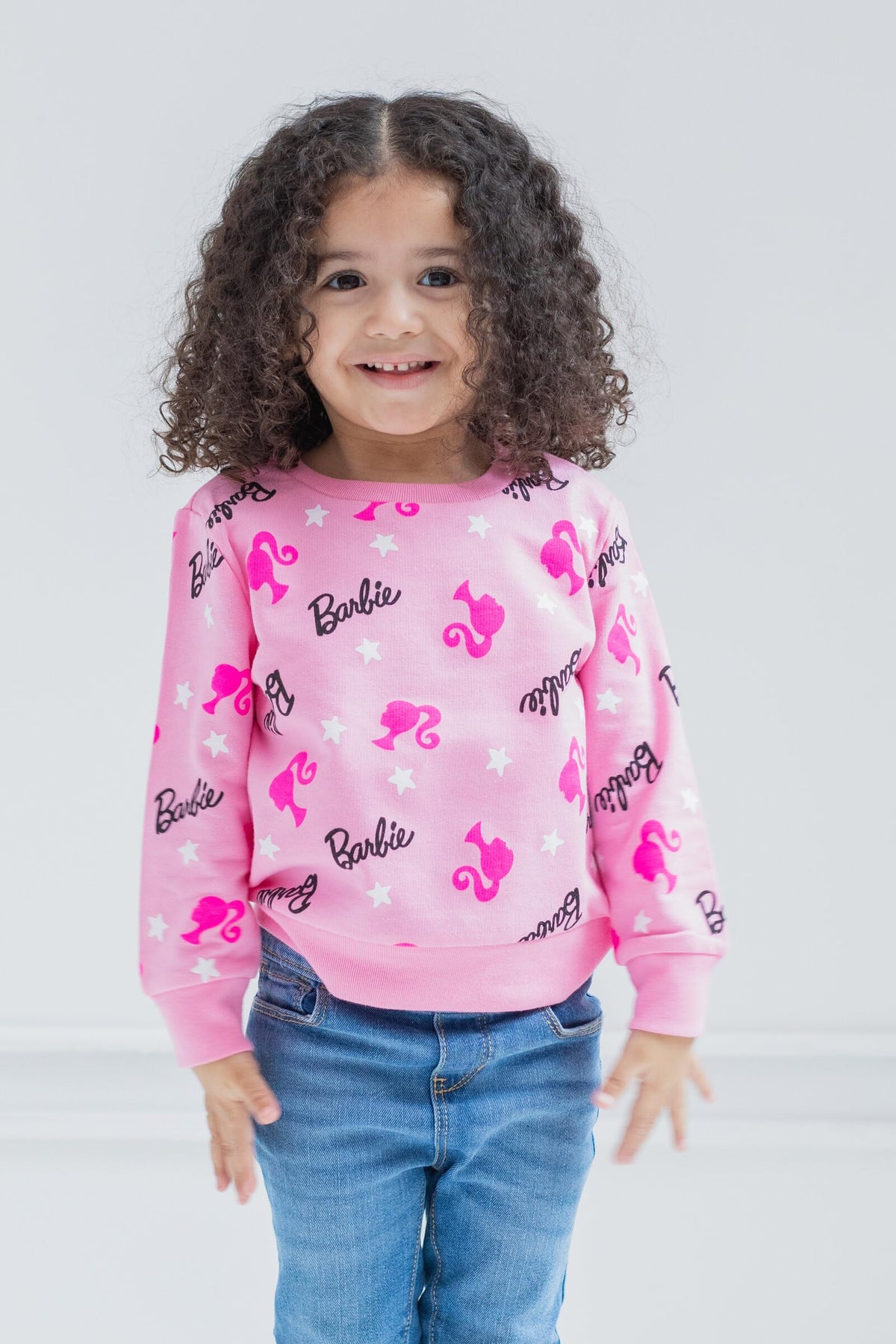 Barbie | Sudadera Nina Manga Larga | Felpa Francesa 60% Algodon 40% Poliester | Estampado All-Over Silueta Ponytail + Logo Cursivo + Estrellas Blancas | Cuello Redondo | Punos y Cintura Acanalados | Rosa (2 - 16)