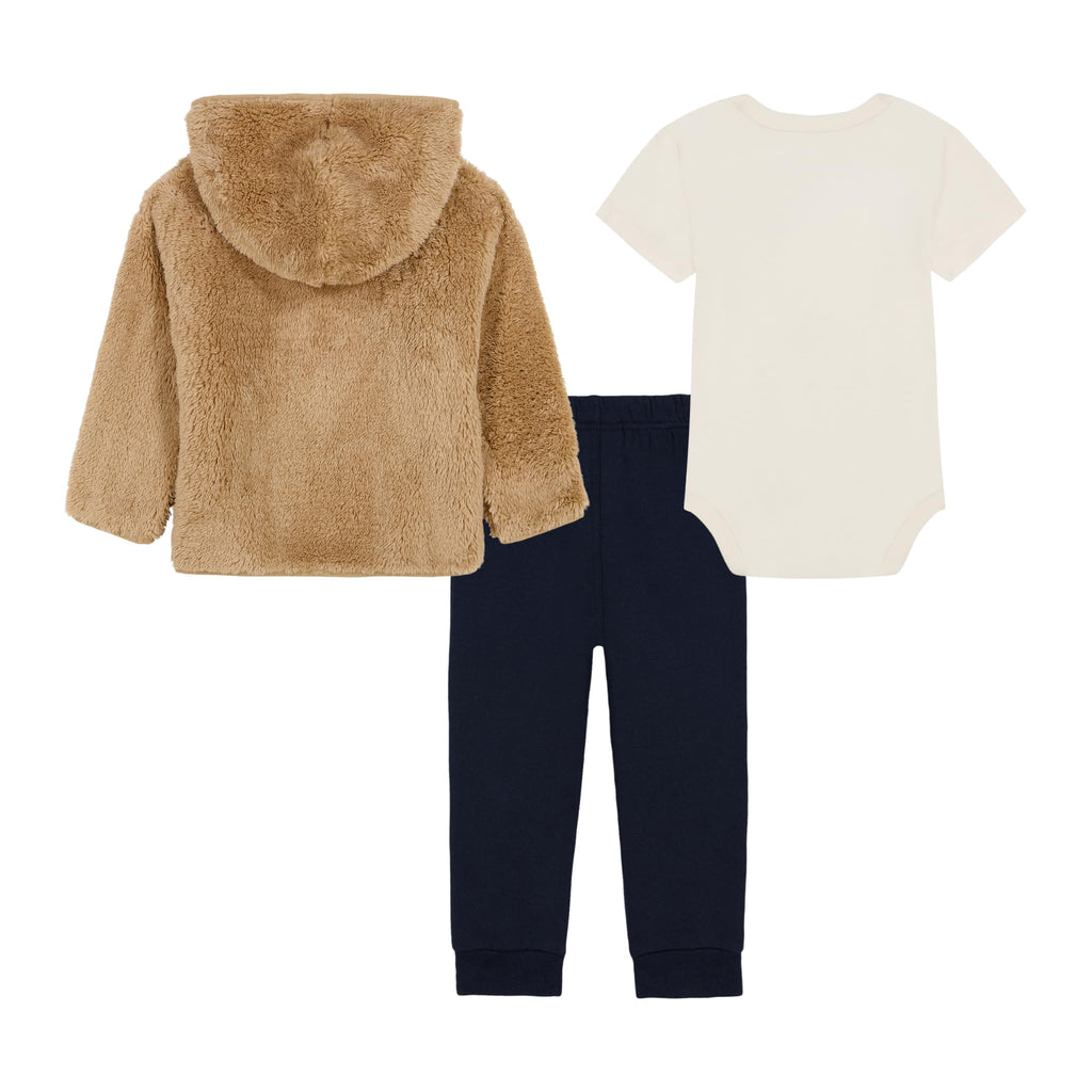 Set 3 Piezas Tommy Hilfiger | Chaqueta Sherpa Camel + Body + Jogger Navy | Niño/Bebé (3M - 24M)