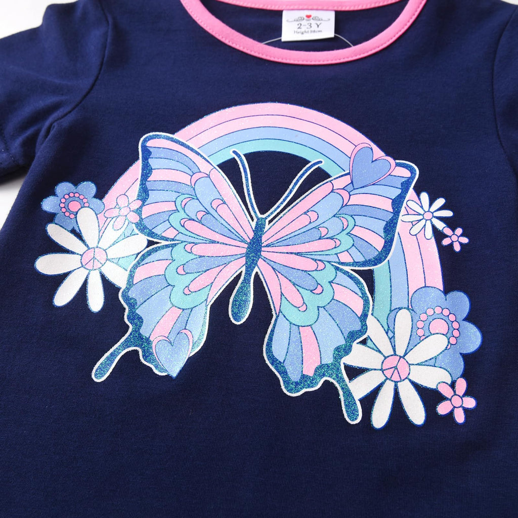 Top de Manga Larga con Mariposa y Arcoíris para Niñas – Azul Marino a Rayas Rosa y Azul, Algodón (2-12 Años)