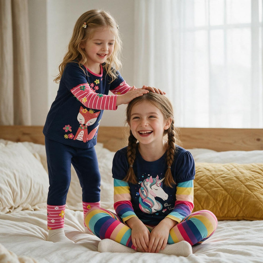 Top de Manga Larga con Unicornio “One of a Kind” para Niñas – Azul Marino con Rayas Arcoíris, Algodón, (2-12 Años)