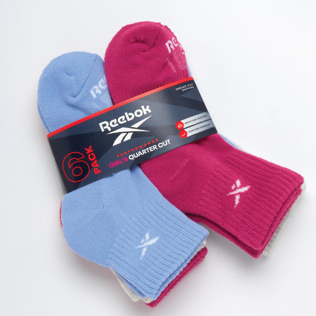 Reebok | Calcetines Niña Pack 6 Pares Quarter Colores Sólidos Surtido Gris Azul Fucsia Vector Reebok Blanco Absorbe Humedad  (4-12T)